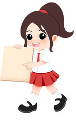 Smiling schoolgirl holding a blank paper ready for your message or advertisement, vector illustration