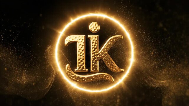 A golden logo with the letters ik inside a circle, surrounded by glowing particles on a black background guru nanak jayanti