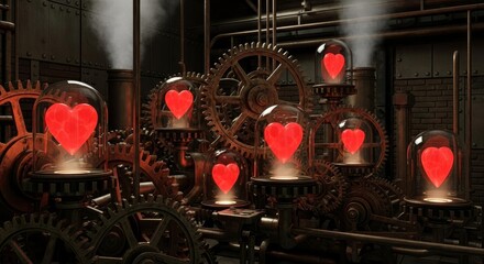 Steampunk Machine with Glowing Red Hearts Powered by Intricate Gears