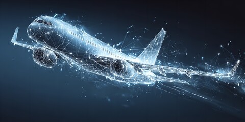 Digital Airplane Model: Futuristic Aviation Technology Visualization Depicting Connectivity and Data Analysis on Dark Background.