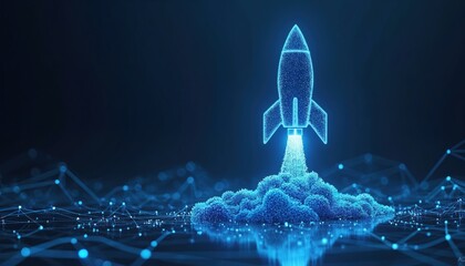 Fototapeta na wymiar Digital illustration of rocket launch on dark blue tech background. Glowing connected dots, lines represent rapid growth concept. Low poly wireframe art digital growth with arrows up, abstract