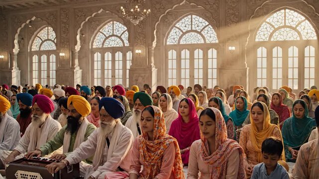 A large group of sikhs are gathered in a gurdwara for prayer, meditation, and spiritual reflection in a peaceful atmosphere guru nanak jayanti