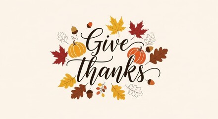 Give Thanks Autumnal Wreath Calligraphy on Cream Background