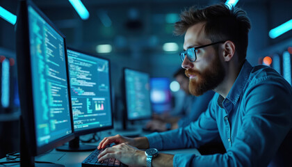 Man works with computer code on dual monitors in dark office. Focused developer types on keyboard, wearing glasses and blue shirt. Server room atmosphere.