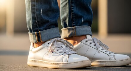Casual Outfit Person Wearing Cuffed Blue Jeans and White Sneakers