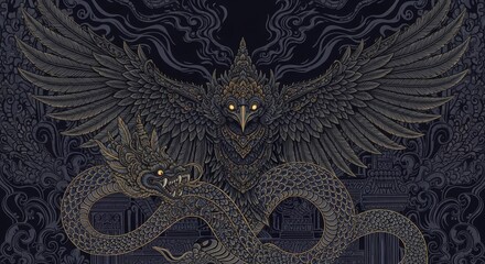 Powerful Mythological Bird and Dragon in Intricate Dark Illustration