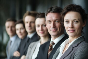Unity in professionalism among a group of Caucasian businesspeople standing together in a conference setting during a corporate event aimed at fostering collaboration and teamwork