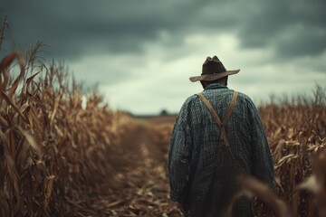 Senior farmer walks through cornfield under cloudy sky, reflecting on harvest and traditions in rural life during autumn season