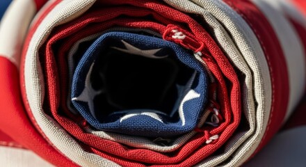 Tightly Rolled Flag Revealing Textured Red, White, and Blue Fabric Layers