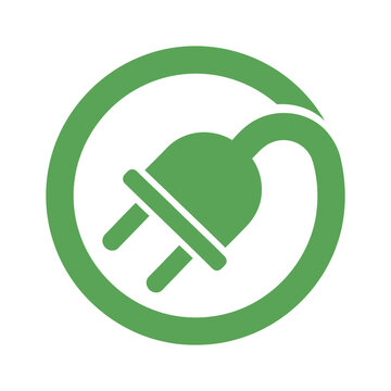 Green electric plug symbol inside an oval for sustainability and eco friendly energy, vector art, symbolic Logo