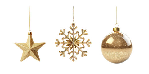 Golden hanging Christmas ornaments with star, snowflake and ball isolated on transparent background