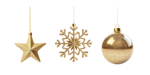 Golden hanging Christmas ornaments with star, snowflake and ball isolated on transparent background