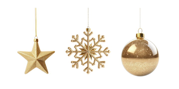 Golden hanging Christmas ornaments with star, snowflake and ball isolated on transparent background