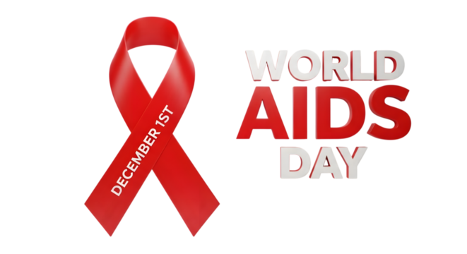 World aids day awareness ribbon and text promoting support, remembrance, and global solidarity against the disease, isolated on a transparent background - Powered by Adobe