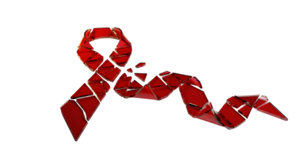 Shattered piece of glass to form the shape of red ribbon, representing the ongoing battle against aids and the need for continued awareness and support, isolated on transparent background