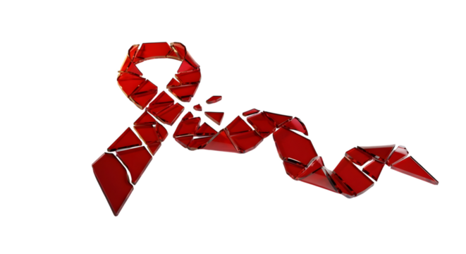 Shattered piece of glass to form the shape of red ribbon, representing the ongoing battle against aids and the need for continued awareness and support, isolated on transparent background - Powered by Adobe