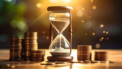 Hourglass and stacked coins illustrate currency fluctuation and time impact commodities