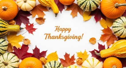 Happy Thanksgiving Text Framed by Colorful Pumpkins and Autumn Foliage