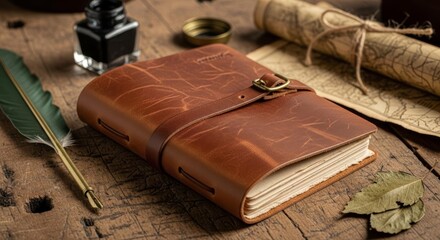 Rustic Desk Scene with Vintage Leather Journal, Quill Pen, and Old Map