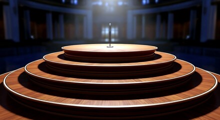 Circular tiered platform with dramatic lighting in an ornate hall