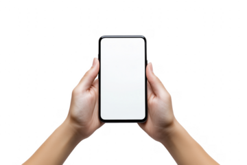 Hands holding blank screen device isolated on a transparent background