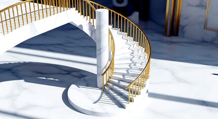Elegant outdoor spiral staircase with golden railing and white marble steps in bright sunlight