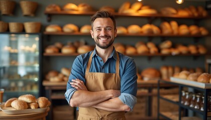 Smiling baker man with beard wears apron in small bread shop. Fresh baked bread loaves, buns, pastries fill wooden shelves. Owner smiles, looks confident working at local artisanal bakery business.