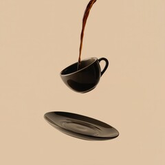 pouring coffee into levitating black cup and saucer surreal minimalist morning caffeine concept
