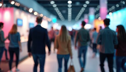 Fototapeta premium Blurred rear view of people walking purposefully through large modern exhibition hall. Bright colorful lights from trade show booths illuminate dynamic space. Visitors browse new tech displays,