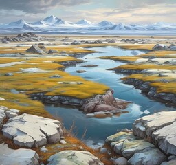 Fototapeta premium Panoramic tundra landscape with permafrost polygons, lichens, mosses