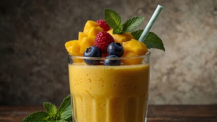 Glass of golden mango smoothie with fresh fruit toppings including blueberries raspberries and mint leaves A striped