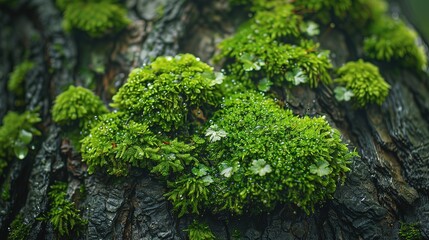 Moist Moss Covering Tree Bark - Natural Texture Eco Background for Design Materials, Ecological Promotion, Poster Decoration