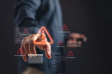Cybersecurity alert concept with a man interacting with digital warning signs. Ideal for illustrating hacking threats, data breaches, system errors network security issues.
