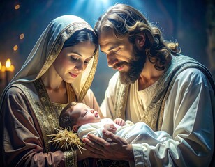 Dzieciątko Jezus, Maryja i Józef. Scena Bożego Narodzenia © Monika
