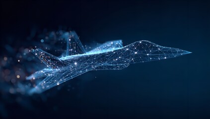 Advanced aerospace technology illustrated by polygonal network of an F-22 fighter jet silhouette on blue.