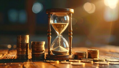 Hourglass and stacked coins illustrate currency fluctuation and time impact commodities
