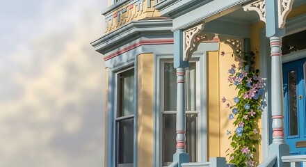 Detailed View of a Victorian House with Floral Accent and Architectural Trim
