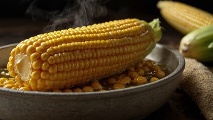 Close up of a steaming golden ear of corn on the cob in a rustic bowl with kernels and liquid