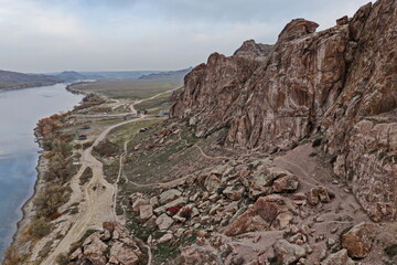 The Ili River. National Nature Park. Drone view, autumn time.