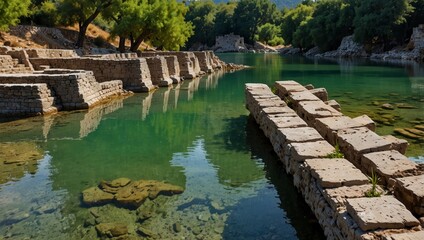 Historical stone ruins partially submerged in clear emerald green river water flanked by verdant trees and sunlit banks