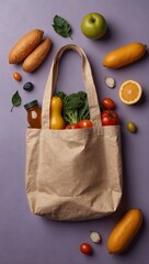 Brown reusable shopping bag with fresh vegetables fruit and groceries Additional produce bread and honey jar arranged on