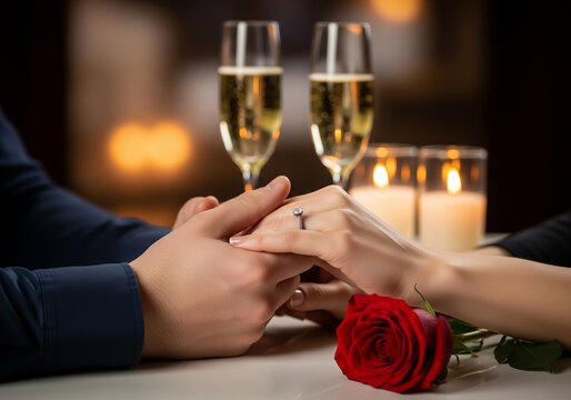 Romantic engagement dinner with couple holding hands, ring, and champagne - Powered by Adobe