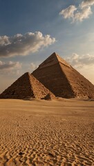Ancient stone pyramids rise majestically from the sandy desert under a partly cloudy sky Golden sunlight illuminates the
