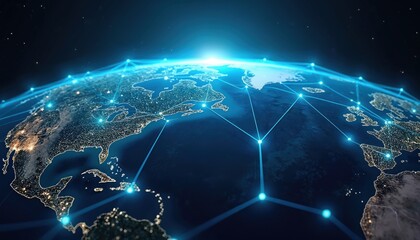 Digital Earth visualizes global network grid. Bright blue lines connect cities across continents. Data flows fast worldwide, linking people, businesses, future communication systems. Modern system