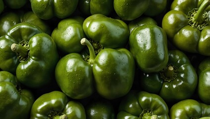 Vibrant close up of fresh green bell peppers with water droplets A healthy raw vegetable background texture