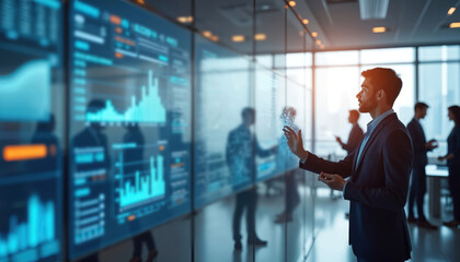 Business team in modern office space examines data on interactive tech boards. Man in suit interacts with digital display. Colleagues discuss analytics brainstorming future strategy.