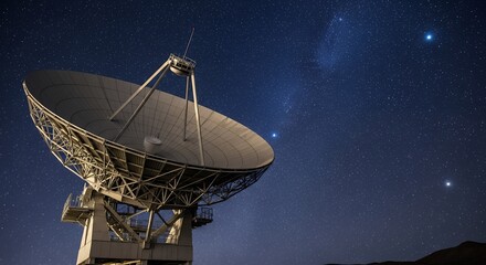 Large satellite dish at night with starry sky backdrop, observing the vast universe. Concept for scientific research, exploration of space and telecommunications industry