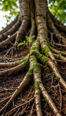 A small green sapling sprouts directly from large textured tree roots covered in vibrant green moss on the forest floor