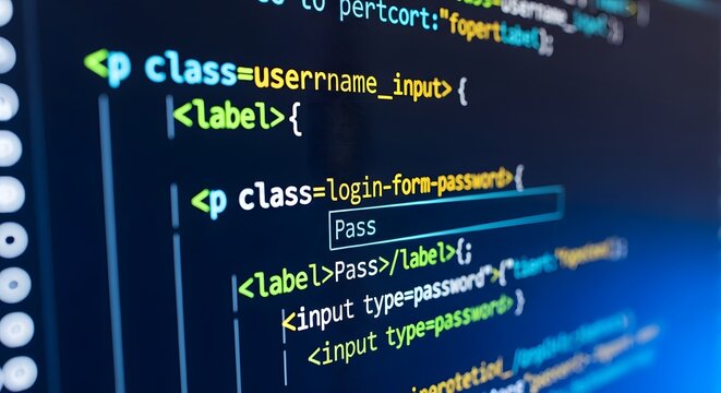 Closeup of computer screen displaying lines of code with syntax highlighting, focusing on a login form input field with the word pass visible