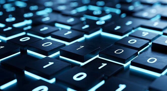 Closeup of a digital keyboard with glowing blue binary code numbers 0 and 1 illuminating the keys, representing technology and data